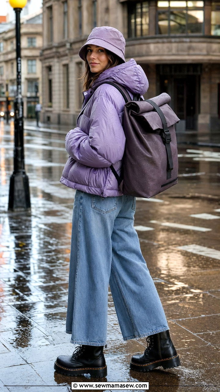 Lilac Puffer with Wide Leg Jeans and Combat Boots - 35 rainy day outfit ideas