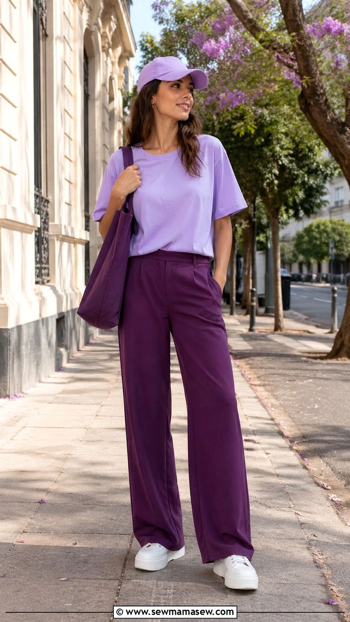 Lilac T Shirt with Plum Purple Wide Leg Pants - 30 spring color blocking outfit ideas
