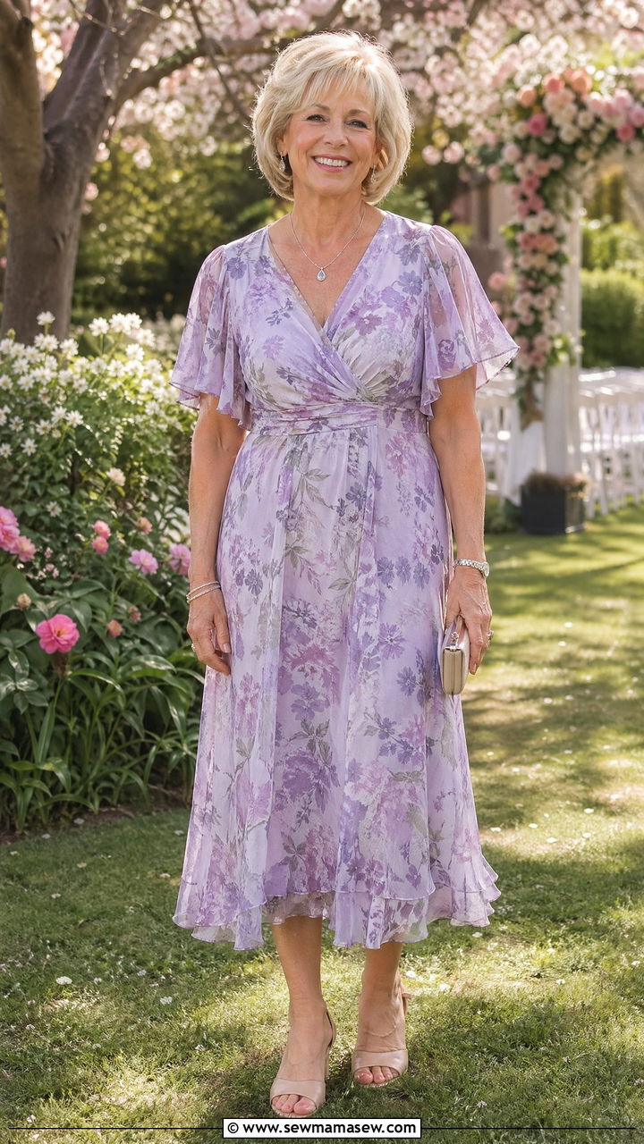 Lilac floral dress for spring wedding guest over 60 - 35 Wedding guest outfits for women over 60