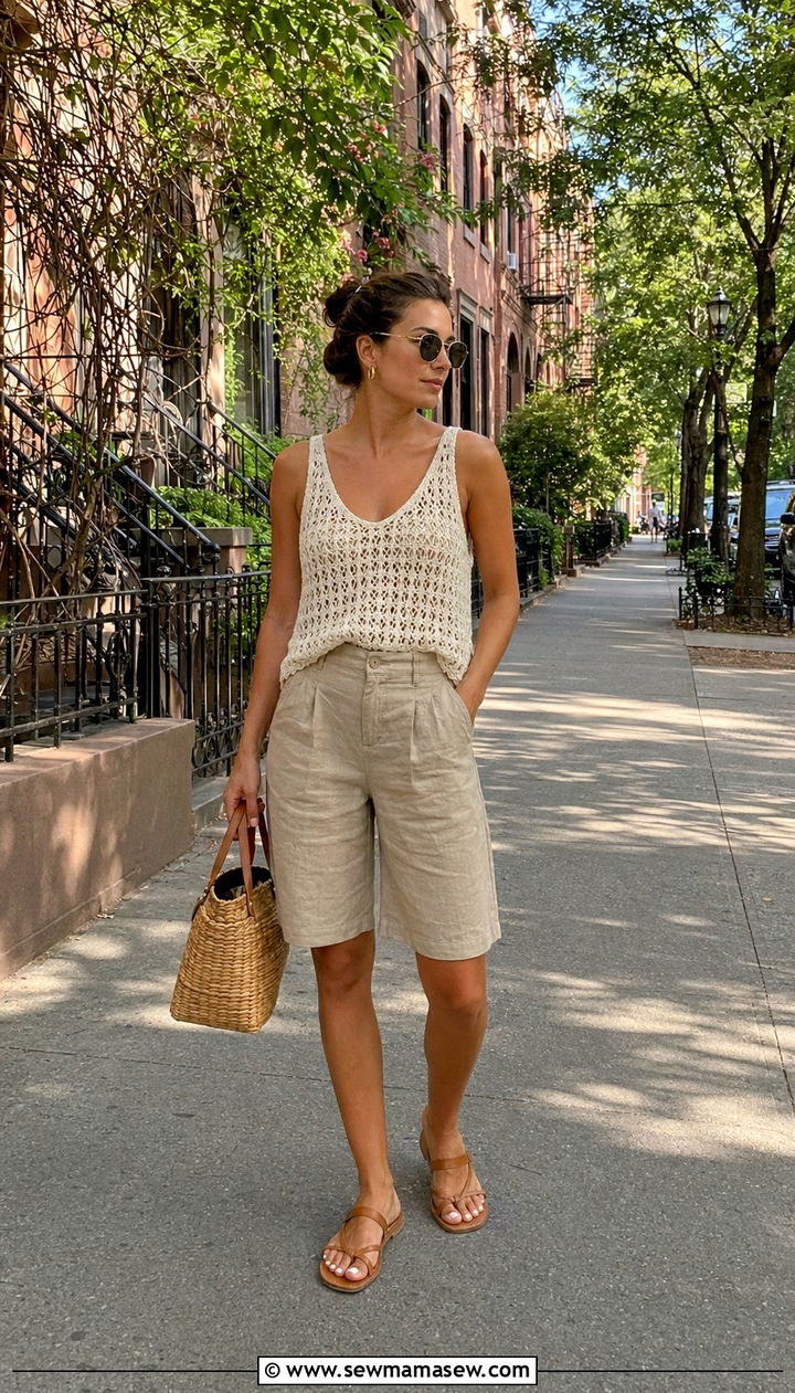 Linen Bermuda Shorts and Crochet Top - 35 New York summer outfit ideas