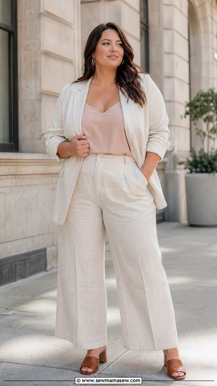Linen Blazer With Matching Wide Leg Pants Outfit - 35 Spring capsule wardrobe plus size