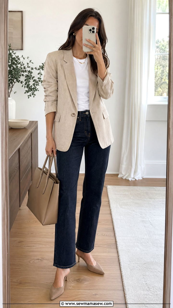 Linen Blazer With Straight Jeans - 35 spring office casual outfit ideas