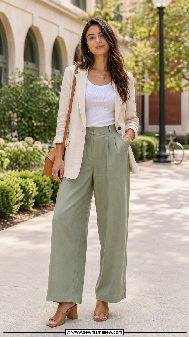 Linen Blazer With Wide Leg Trousers and Tank Top and Mules - 35 teacher outfits for women