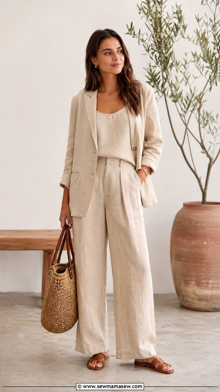 Linen Blazer and Matching Wide Leg Trousers with Flat Slide Sandals - 35 workwear outfit ideas for women