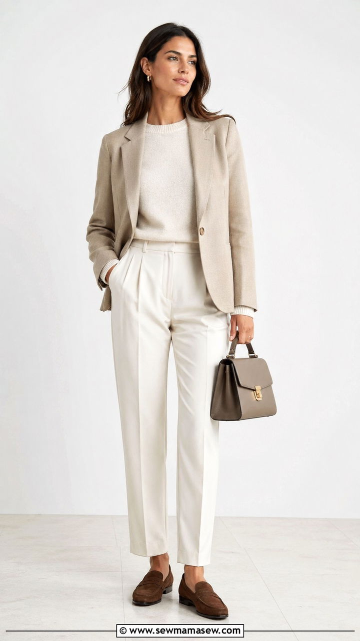 Linen Blazer with Cashmere Sweater and Tailored Trousers - 30 spring cool weather outfit ideas