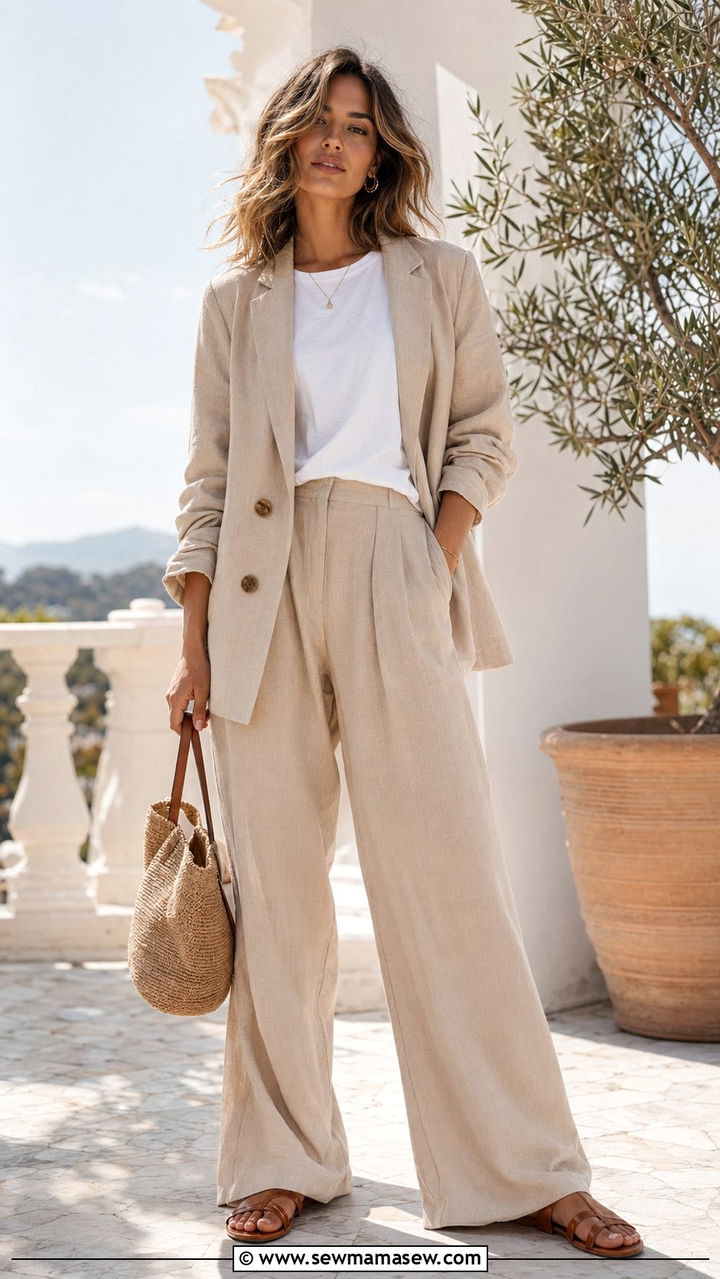 Linen Blazer with White Tee and Linen Trousers - 30 60 degree weather outfits