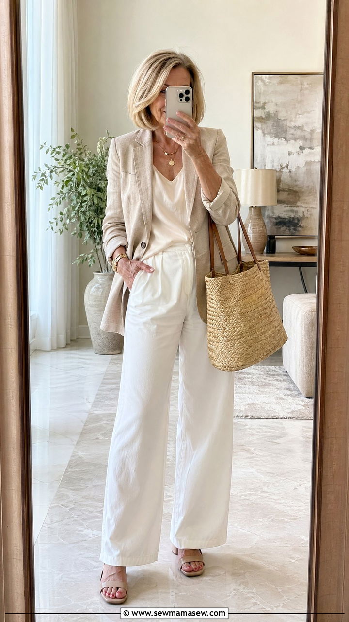 Linen Blazer with White Trousers and Silk Tank - 35 Spring outfits for women over 50