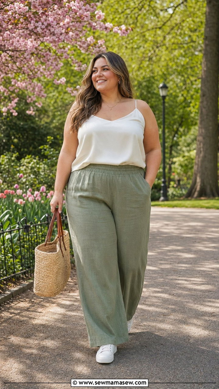Linen Blend Wide Leg Pants with Cami - 35 Plus size mom outfit ideas