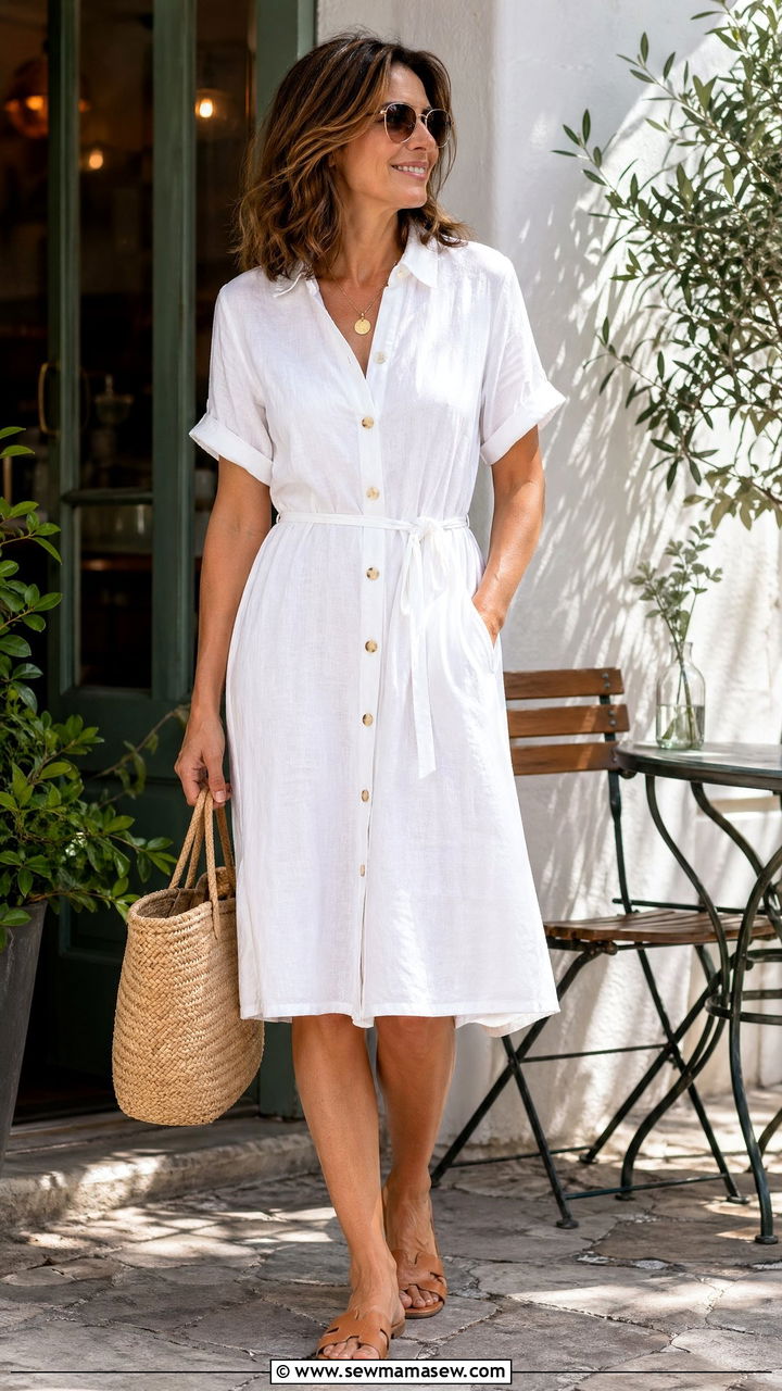 Linen Button Down Dress Outfit for Women Over 40 - 35 summer outfit ideas for women over 40