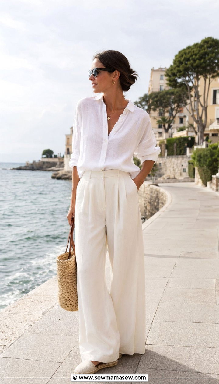 Linen Button Down Shirt And Wide Leg Trousers Outfit - 35 Preppy summer outfits