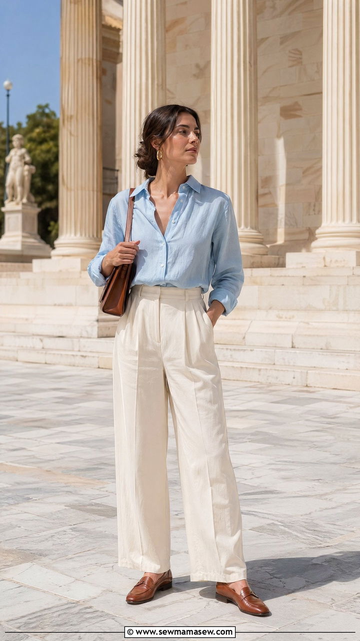 Linen Button Down Shirt With High Waisted Trousers - 35 Spring Greece outfit ideas