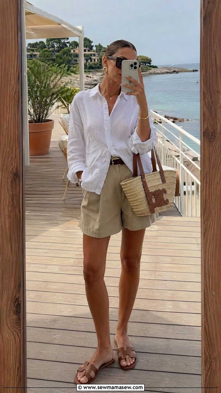 Linen Button Down Shirt with Tailored Shorts - 35 classy old money outfit ideas