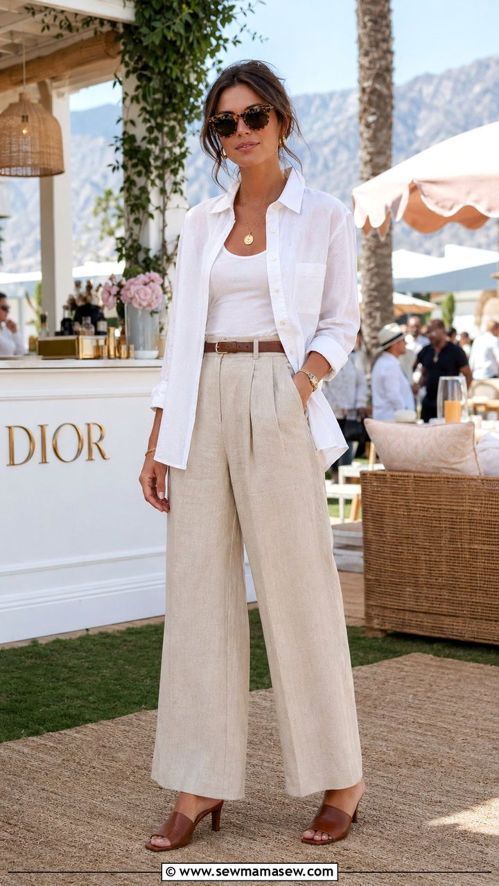 Linen Button Down Shirt with Wide Leg Trousers and Mules - 30 What to wear to a summer festival