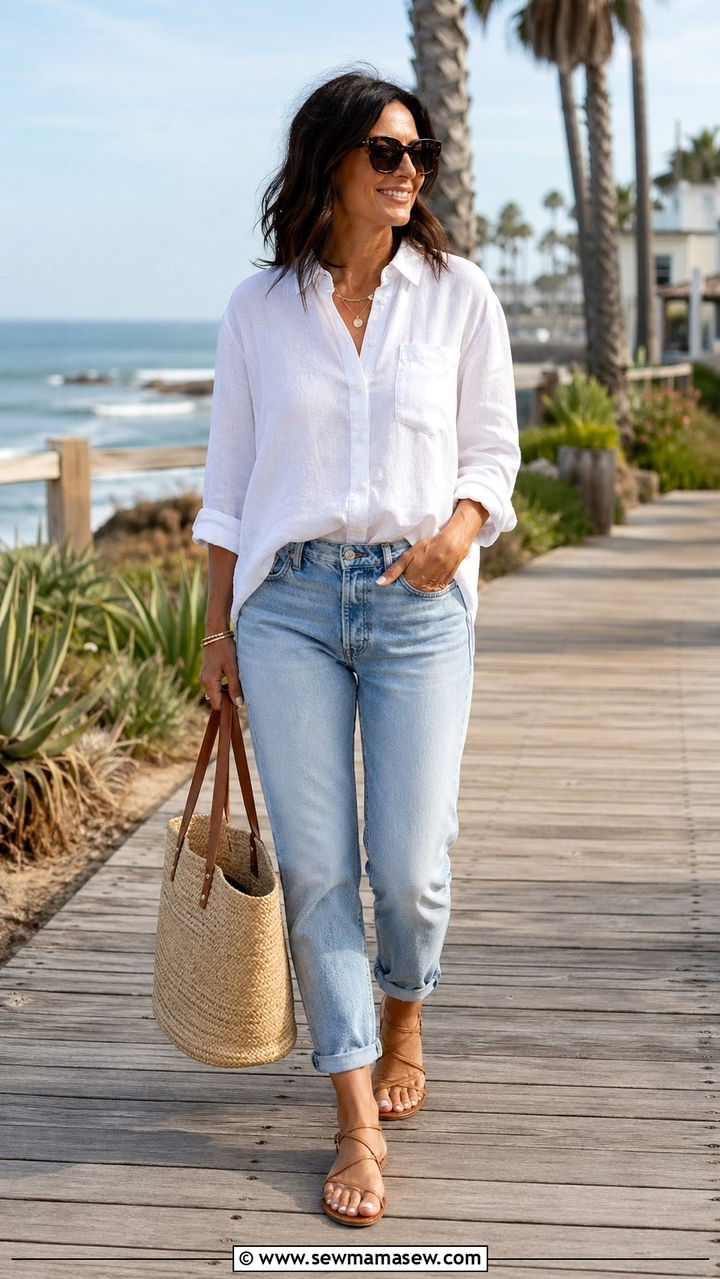 Linen Button Down With Cuffed Mom Jeans And Sandals - 35 mom jeans outfits for women over 40