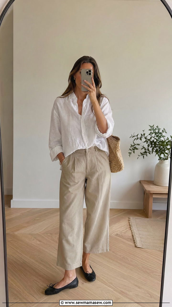 Linen Button Down with Cropped Trousers and Ballet Flats - 35 Spring Paris outfit ideas