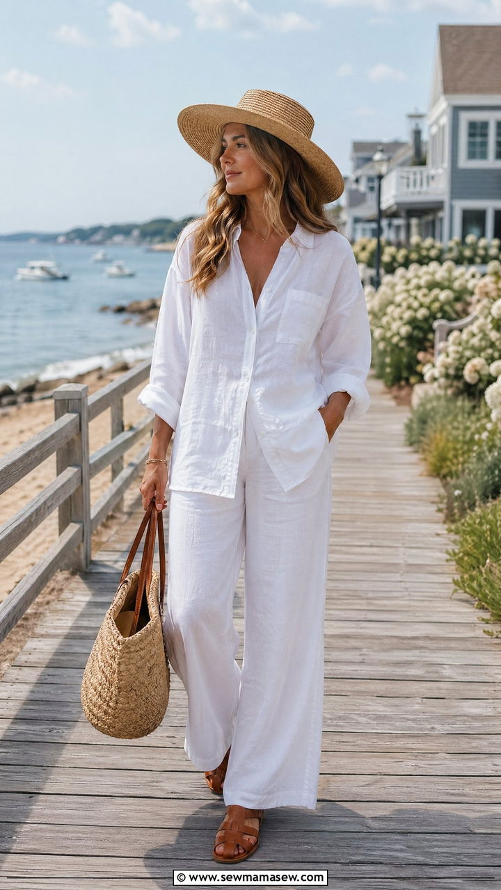 Linen Button Down with White Wide Leg Pants and Straw Hat - 35 cute outfits for women