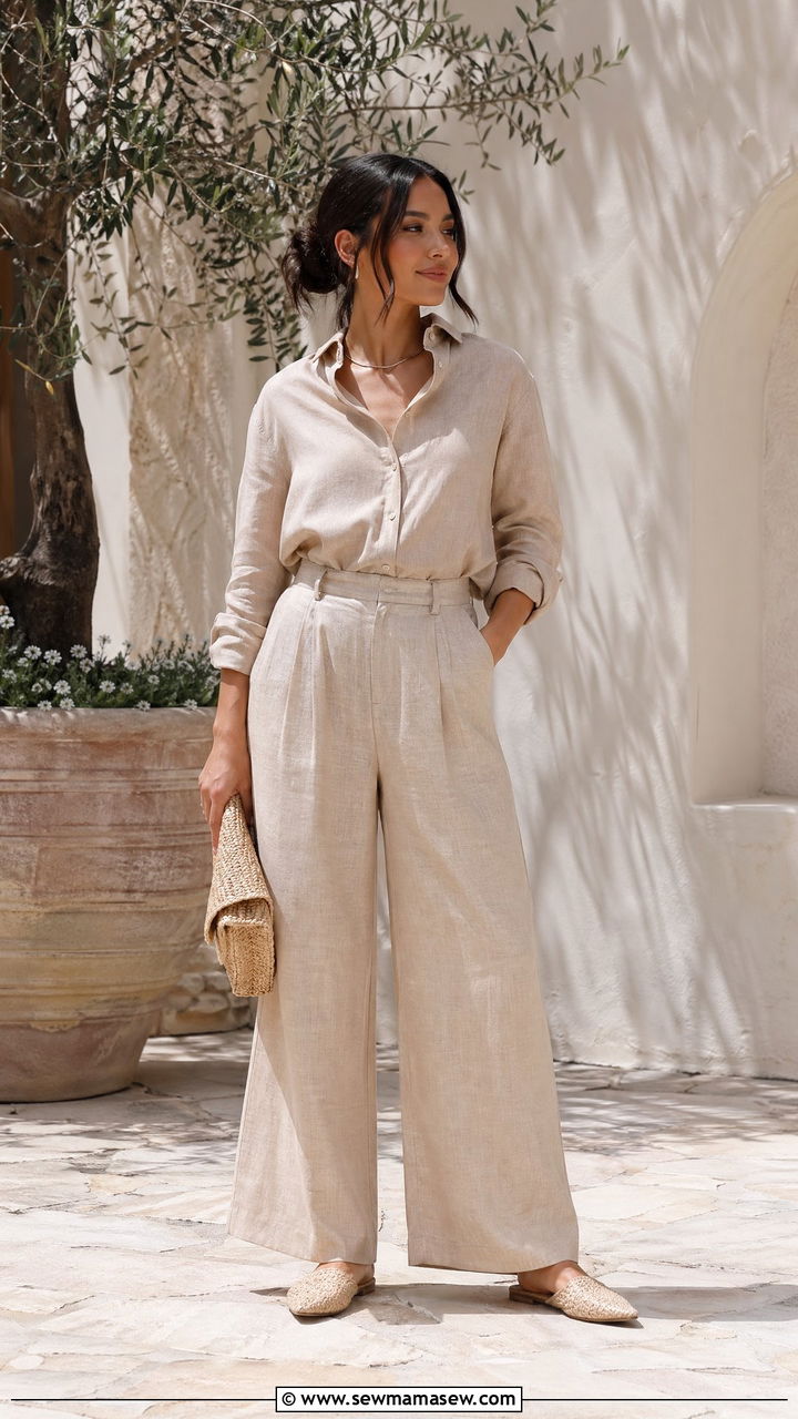 Linen Button Down with Wide Leg Linen Trousers - 35 casual outfits for petite women