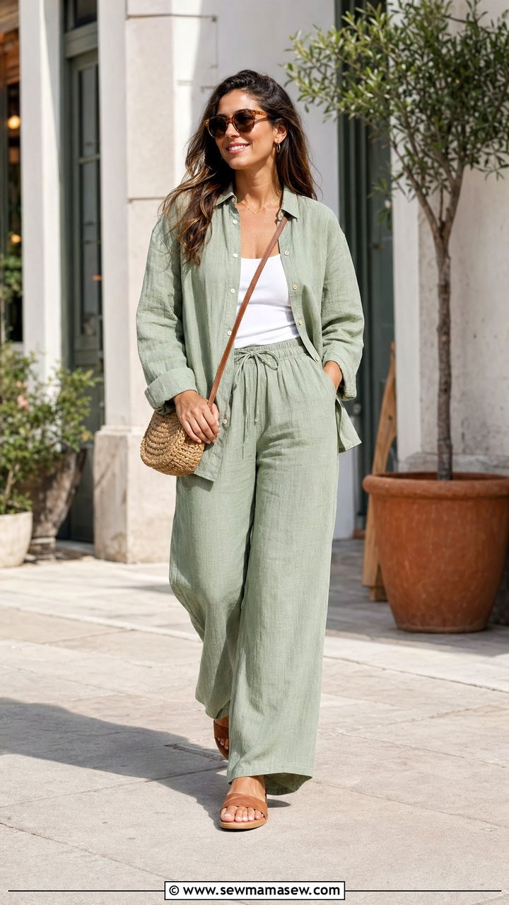 Linen Button Up Shirt Set With Wide Leg Linen Pants - 30 Wide leg linen pants outfit ideas for summer