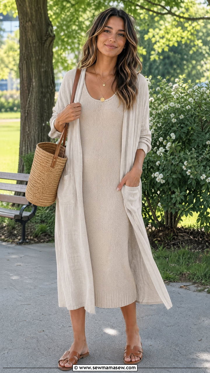 Linen Cardigan with Tank Dress Spring Outfit - 35 Spring linen outfits
