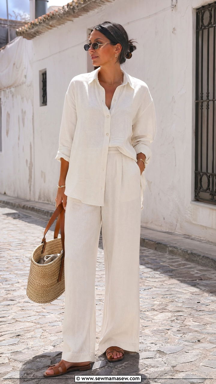 Linen Co Ord Set With Flat Sandals - 40 vacation outfit ideas for women