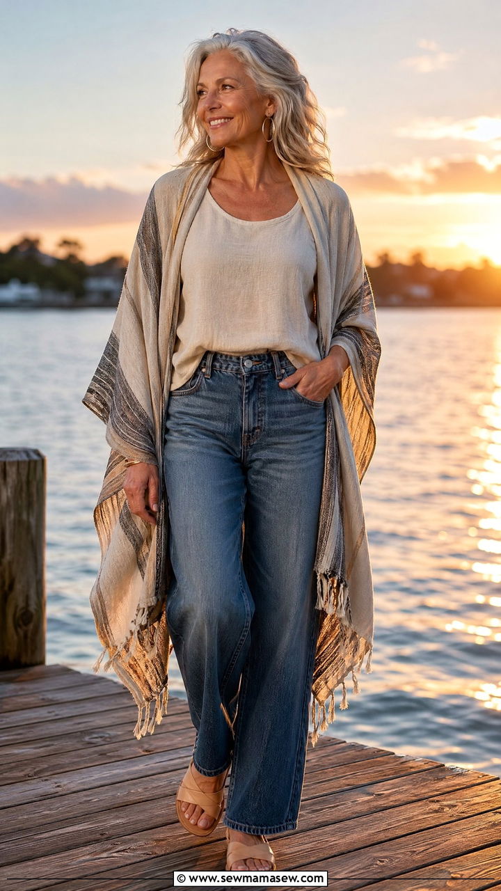 Linen Cotton Shell With High Waist Jeans And A Ruana Wrap - 35 Vacation outfits for women over 50