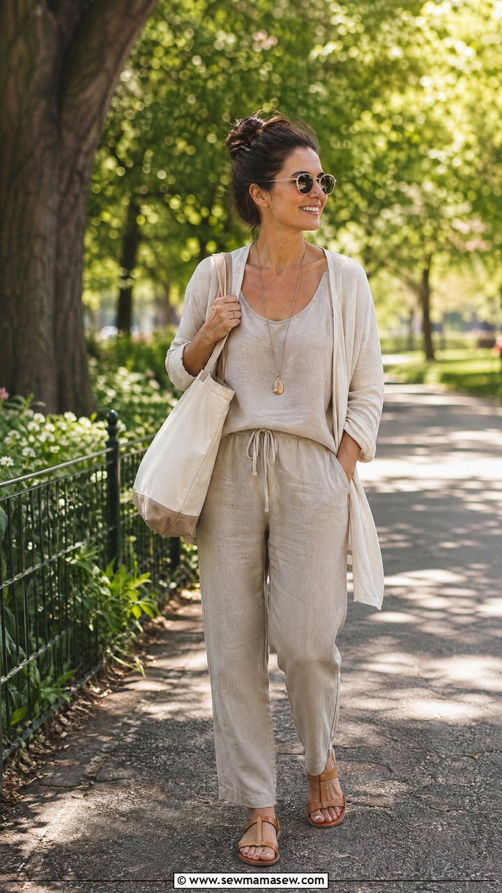 Linen Drawstring Pants with Tank and Cardigan Spring Outfit - 35 Spring linen outfits