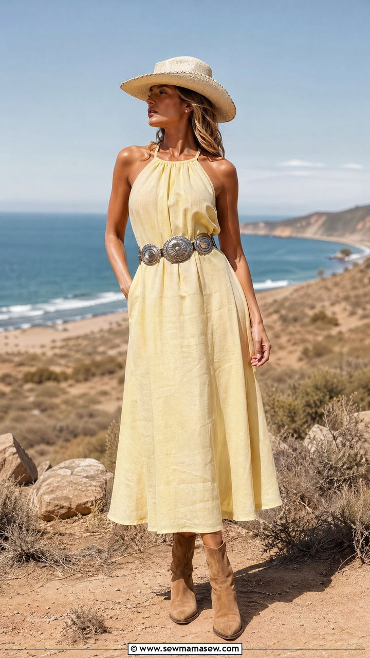 Linen Halter Dress With Concho Belt and Straw Cowboy Hat - 35 coastal cowgirl outfits