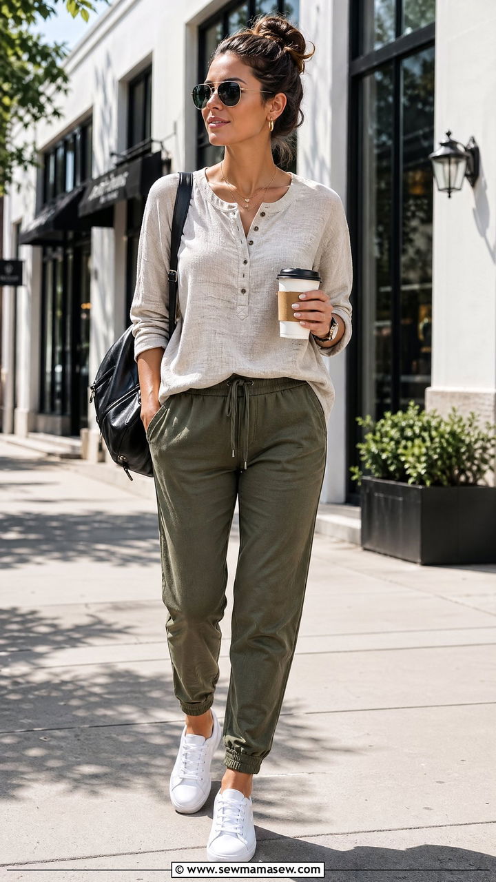 Linen Henley Top with Joggers Spring Outfit - 35 Spring linen outfits