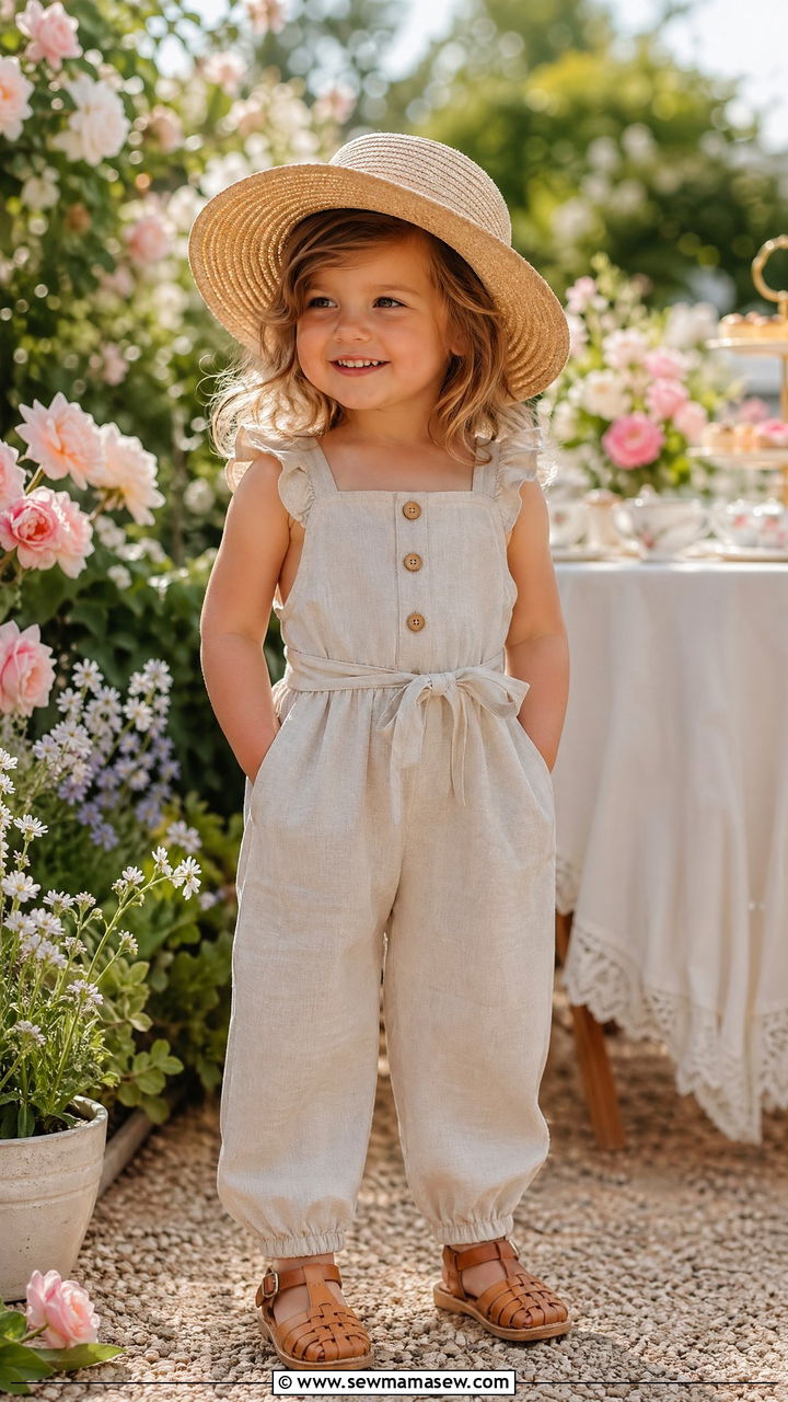 Linen Jumpsuit with Sandals and Sun Hat - 35 Spring outfits for toddlers