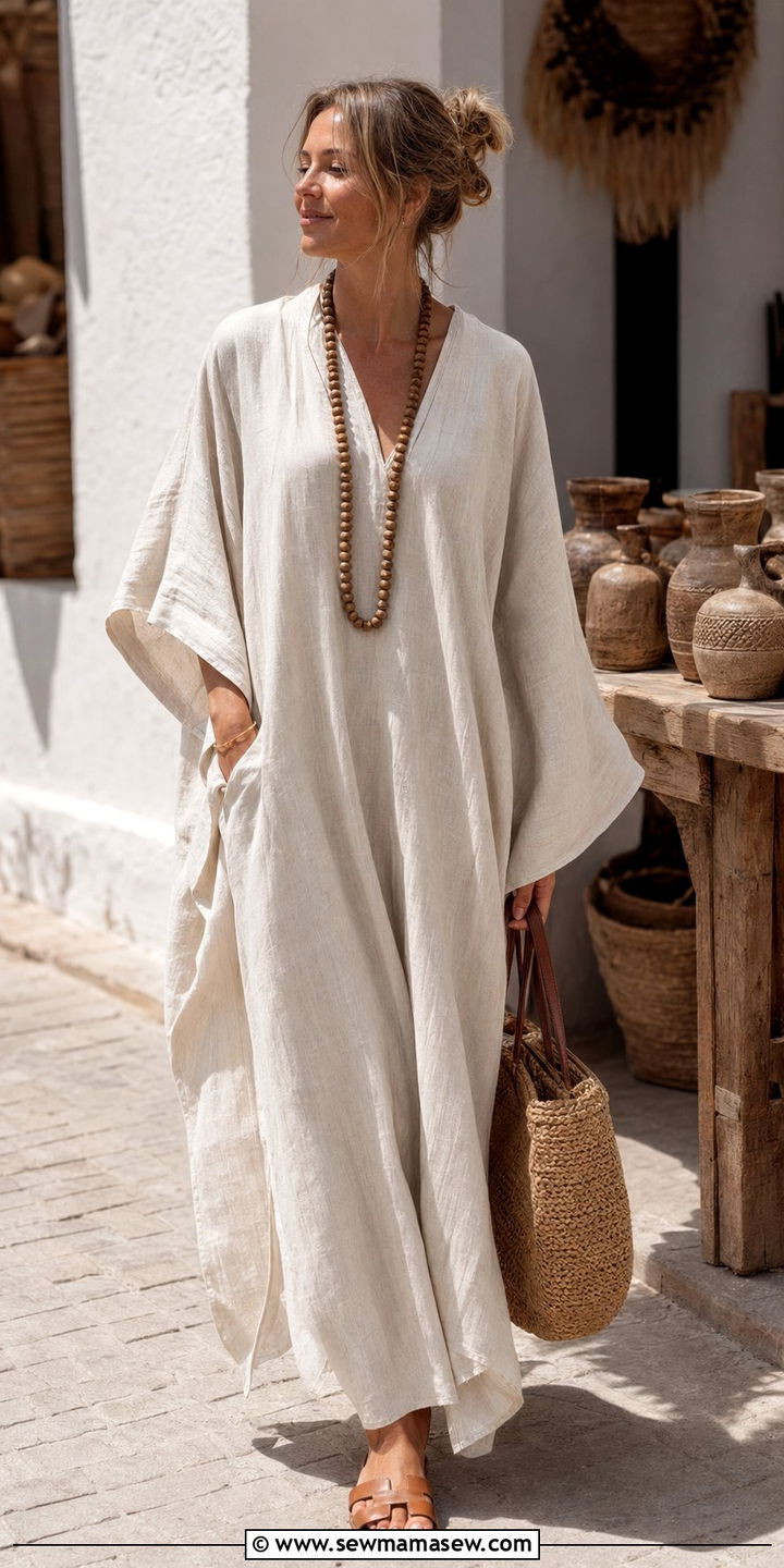 Linen Kaftan With Wooden Accessories And Straw Tote - 35 Ramadan outfit ideas for women