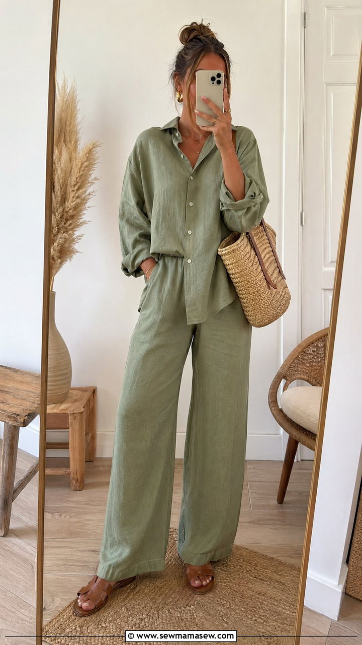 Linen Matching Set With Straw Accessories - 35 spring classy outfit ideas