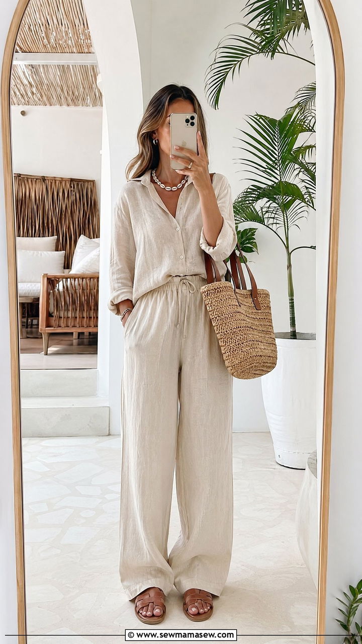Linen Matching Set with Flat Sandals - 35 spring boho chic outfits