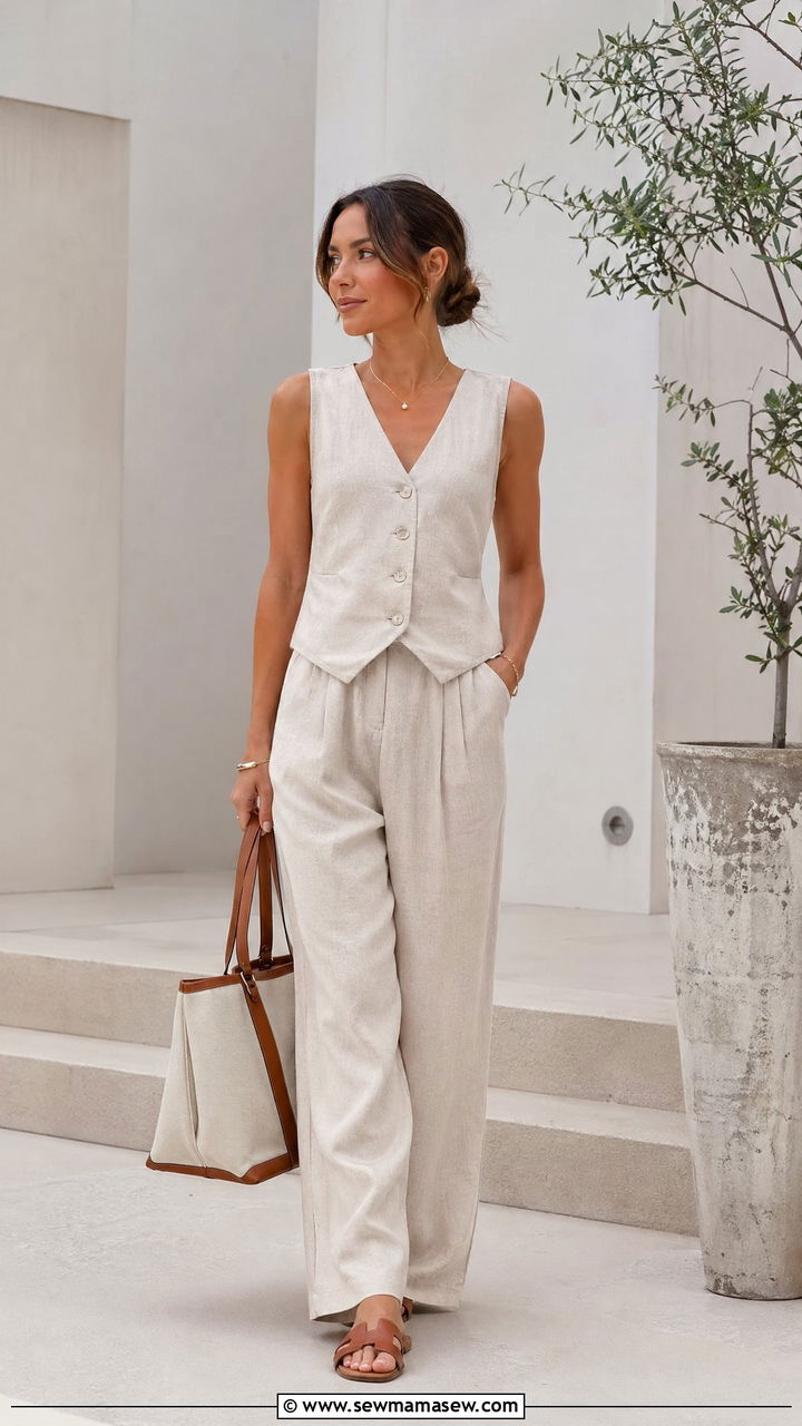 Linen Matching Vest and Wide Leg Trousers - 35 summer aesthetic outfit ideas