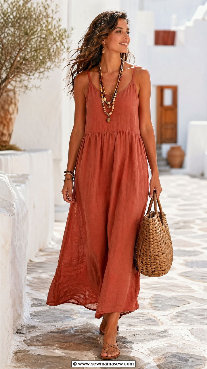 Linen Maxi Dress Outfit With Woven Bag - 35 Trendy spring outfits