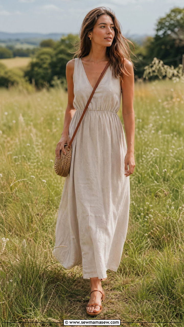 Linen Maxi Dress With Leather Sandals - 35 summer cottagecore outfit ideas