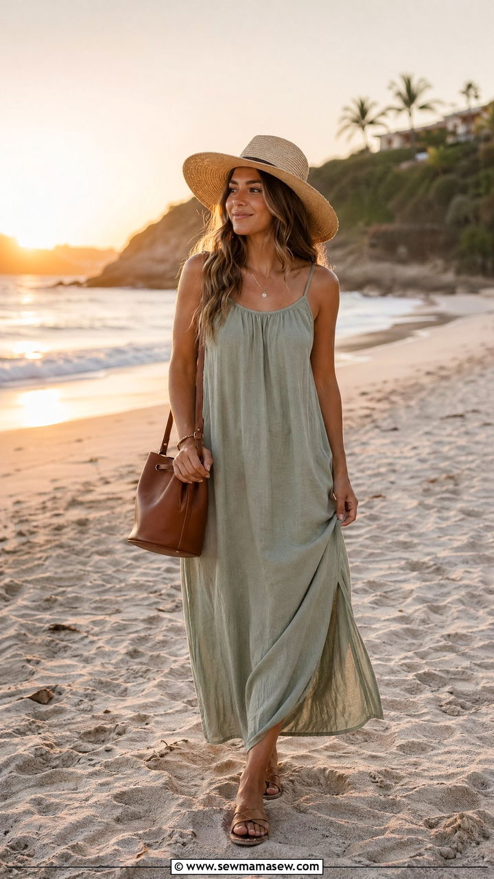 Linen Maxi Dress With Slide Sandals - 35 cute hot weather outfits