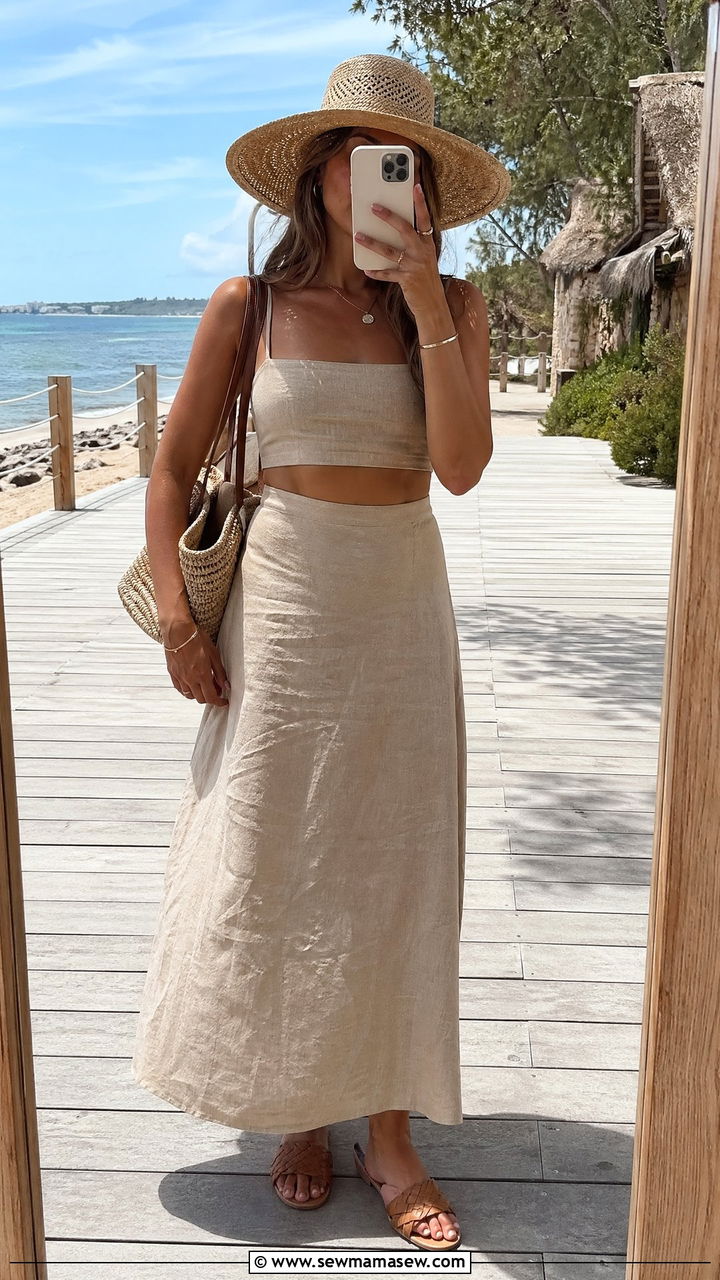 Linen Maxi Skirt Outfit with Cropped Tank - 35 Summer outfits with skirts
