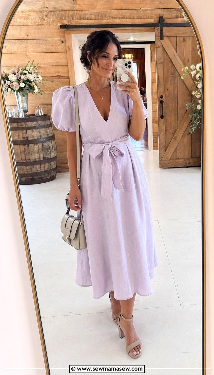 Linen Midi Dress With Block Heels - 30 Wedding guest outfits for hot weather