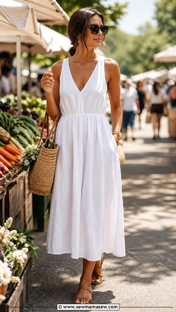 Linen Midi Dress With Strappy Sandals - 30 spring midi dress outfit ideas