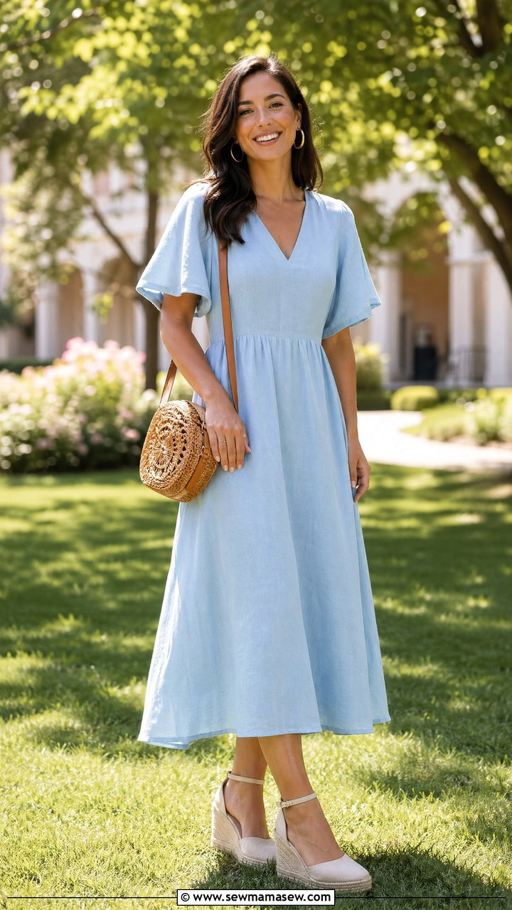 Linen Midi Dress and Espadrille Wedges - 35 classy graduation outfits