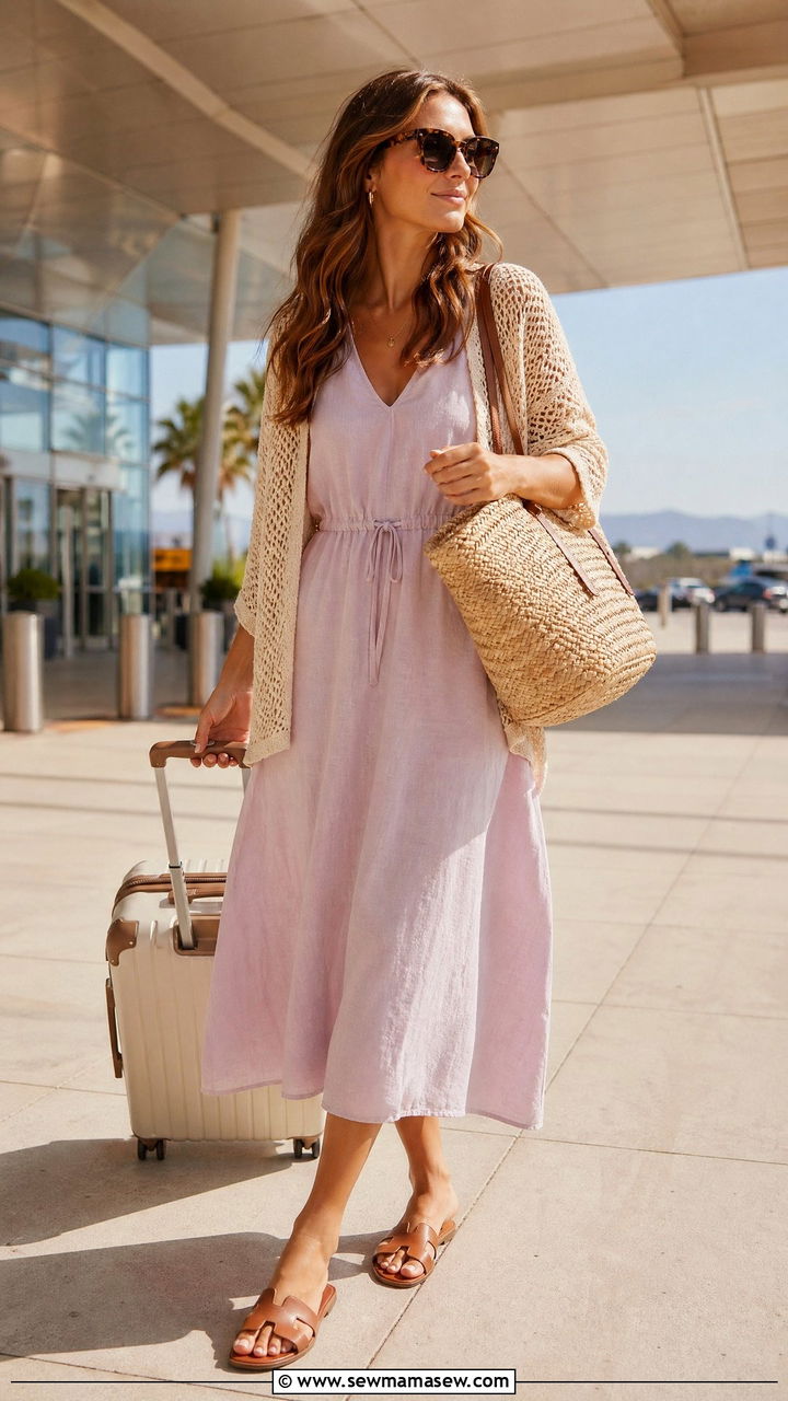 Linen Midi Dress and Straw Accessories - 40 Airport outfit ideas