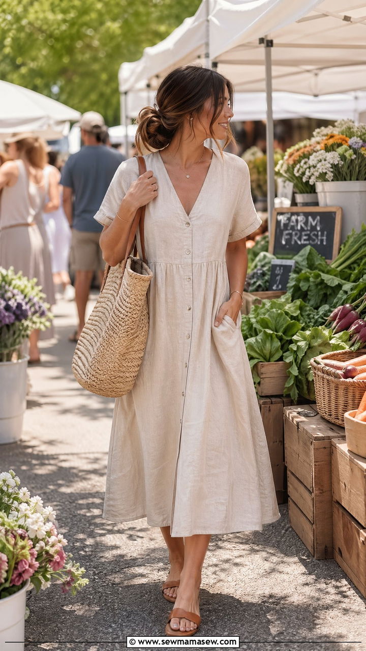 Linen Midi Dress with Flat Sandals - 35 Spring outfit ideas for mom