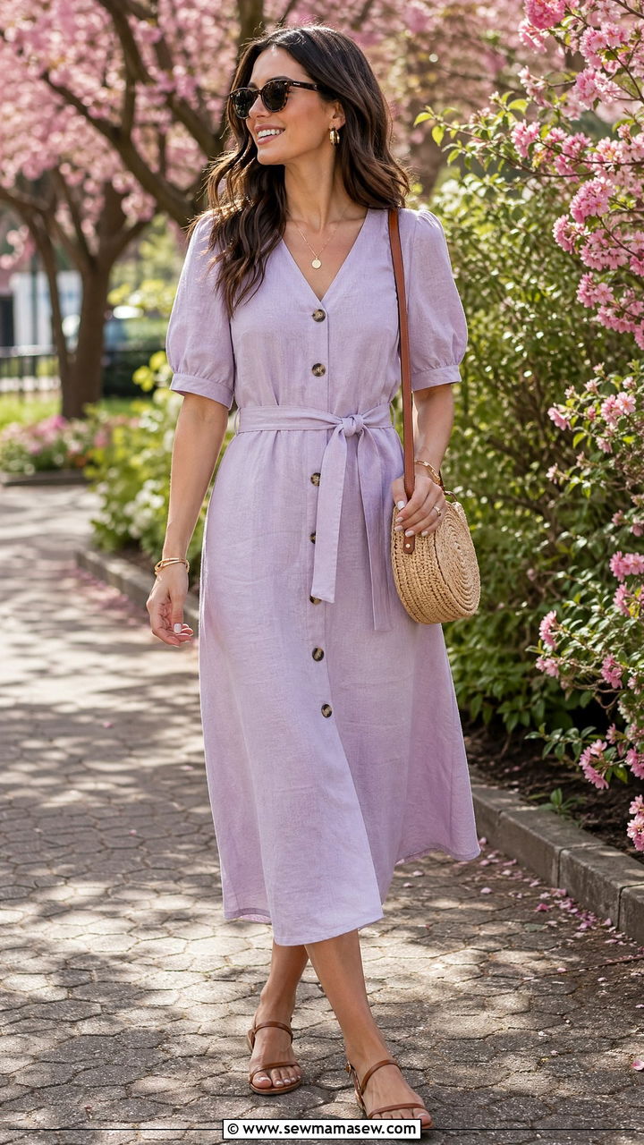 Linen Midi Dress with Sandals Spring Outfit - 35 Spring linen outfits