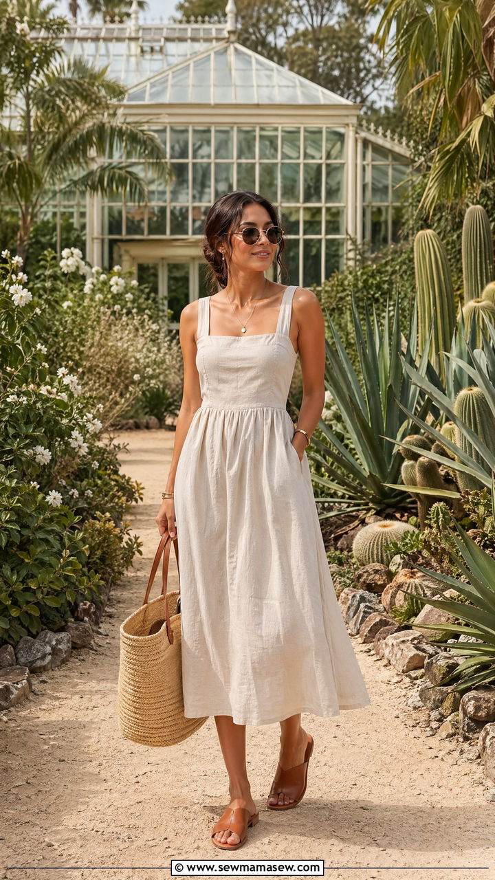 Linen Midi Dress with Straw Tote Outfit - 35 spring dress outfit ideas