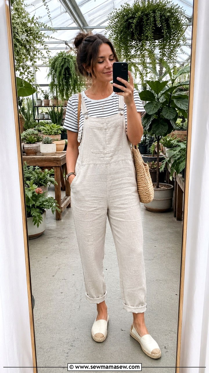 Linen Overalls With Striped Tee And Espadrilles - 30 spring cottagecore outfits