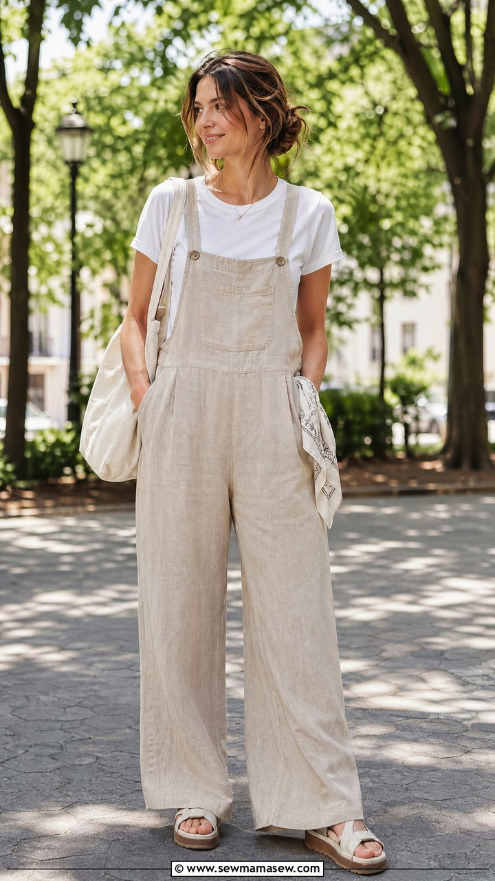Linen Overalls and T Shirt - 35 summer linen outfit ideas