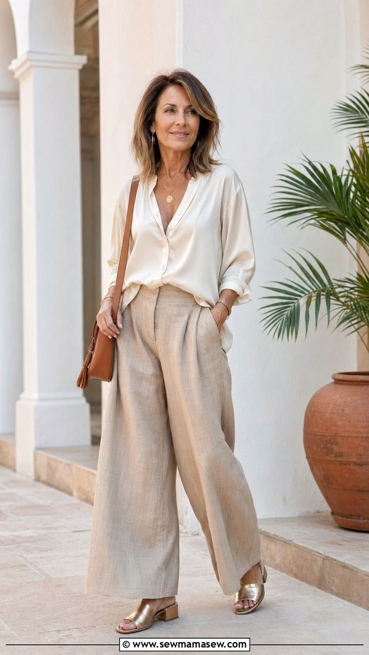 Linen Palazzo Pants With a Silk Blouse - 35 Resort wear outfit ideas for women over 50