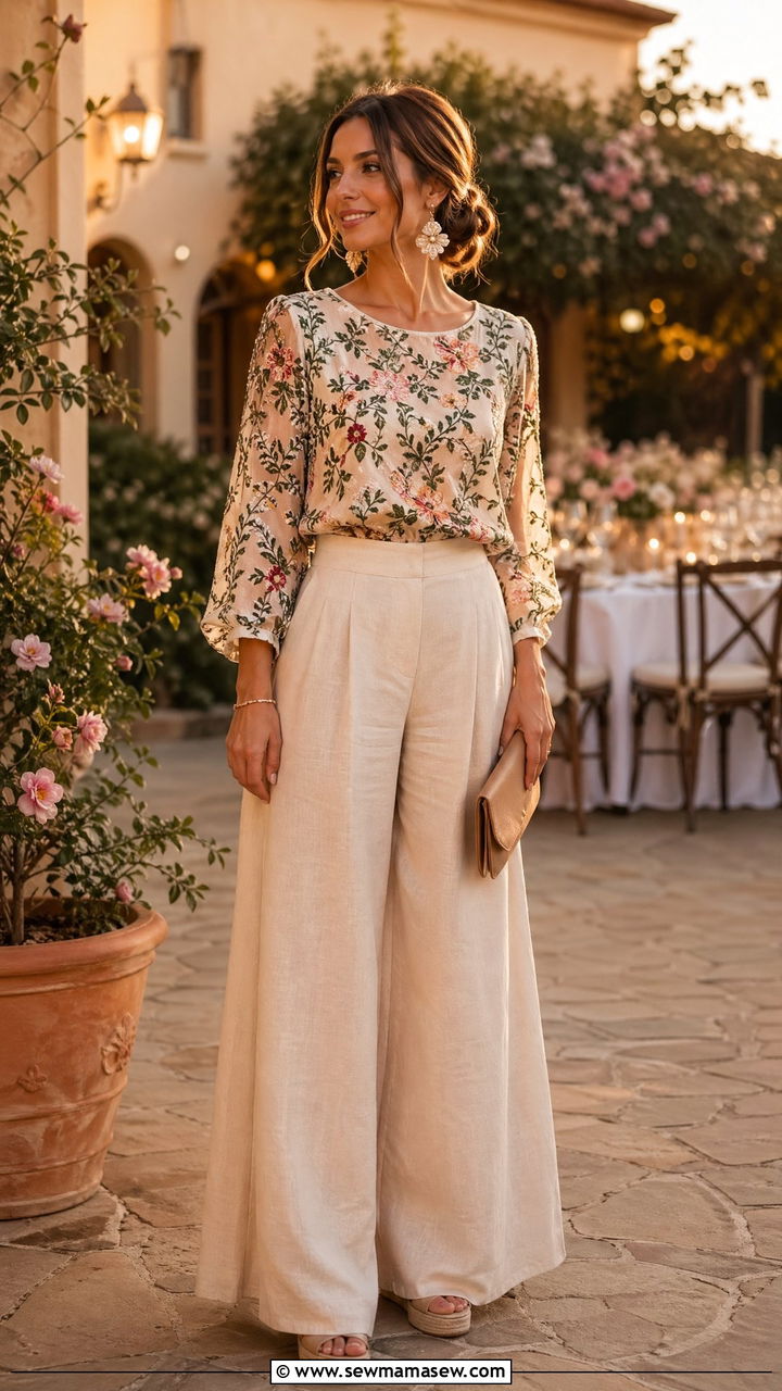 Linen Palazzo Pants with Embroidered Top Spring Outfit - 35 Spring linen outfits