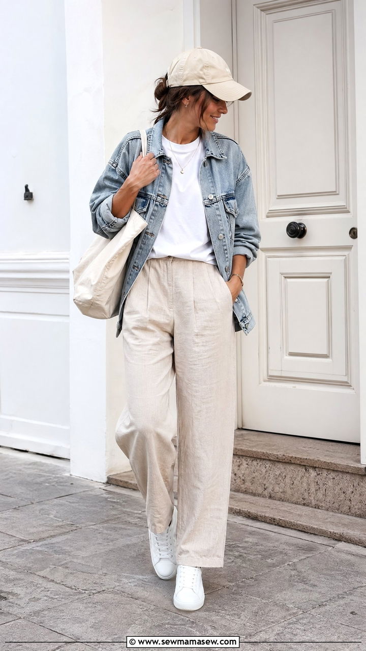 Linen Pants With Denim Jacket And Sneakers - 35 cute linen pants outfits