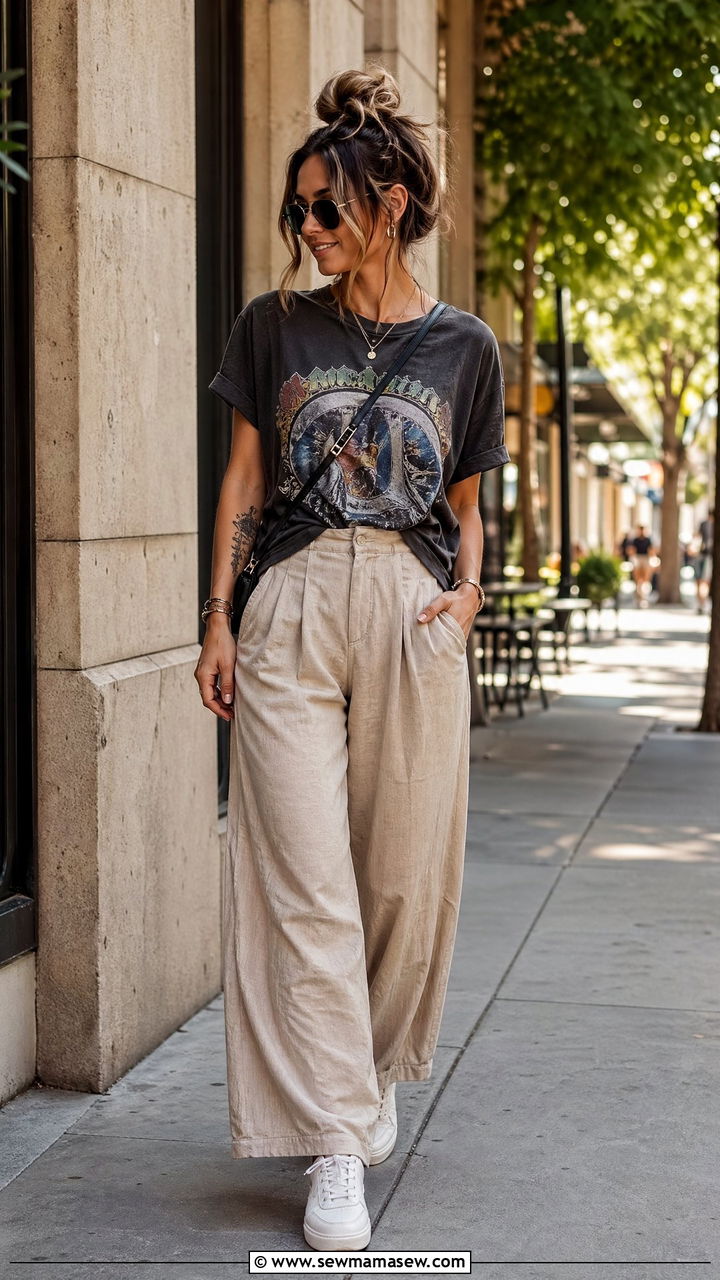 Linen Pants With Graphic Tee And White Sneakers - 35 cute linen pants outfits